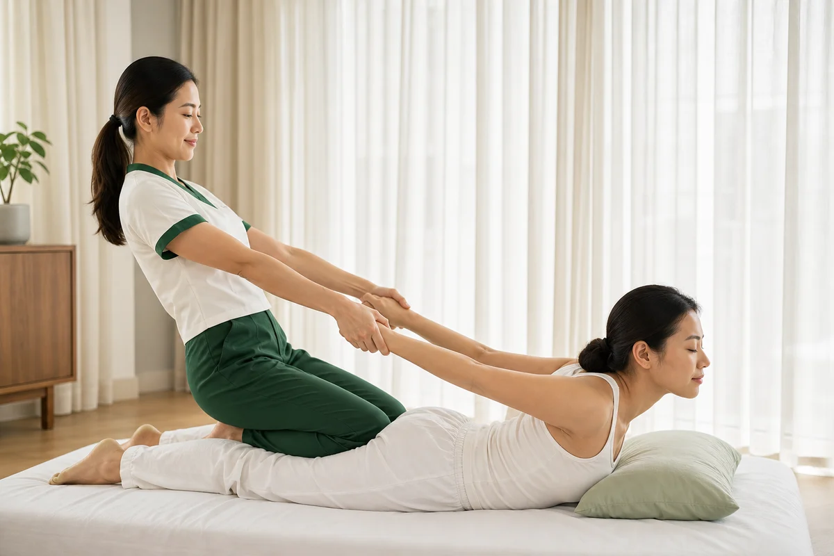 Traditional Thai dry massage therapy with acupressure and yoga stretches at EasyGo Spa Metro Manila